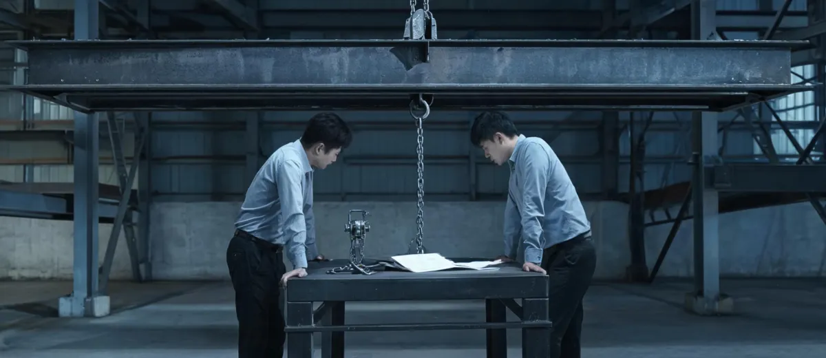 Warehouse team reviewing a hoist brief, illustration only